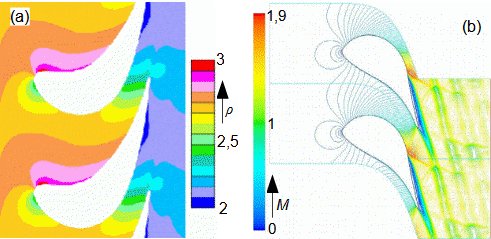 Examples of numerical modelling of compressible flow in blade cascade